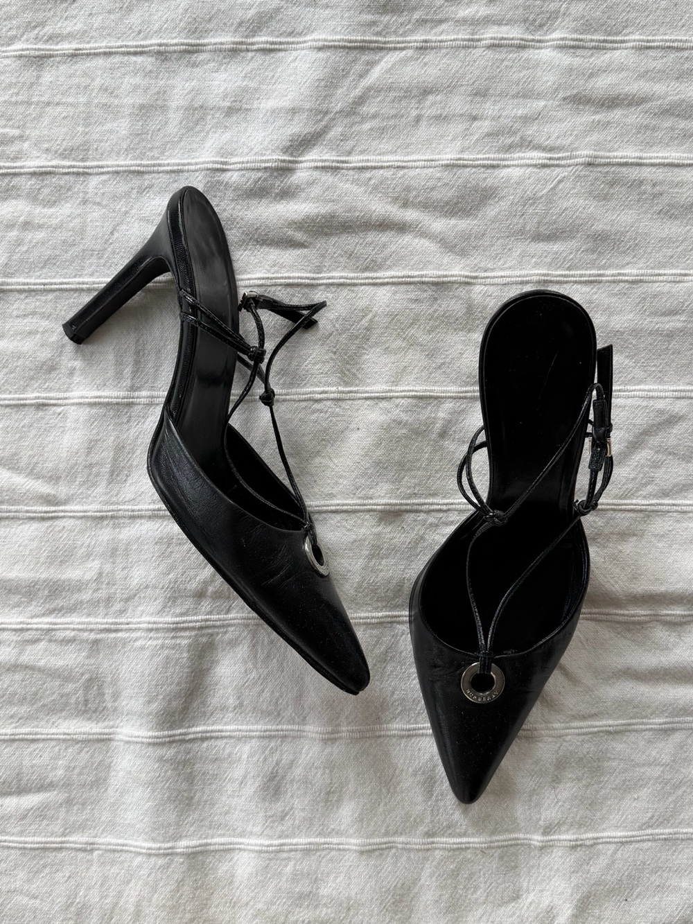 Burberry Black Slingback Leather Heels with Silver Ring